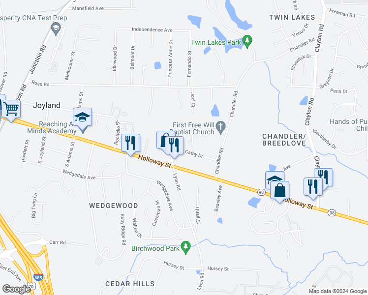 map of restaurants, bars, coffee shops, grocery stores, and more near 3011 Cathy Drive in Durham
