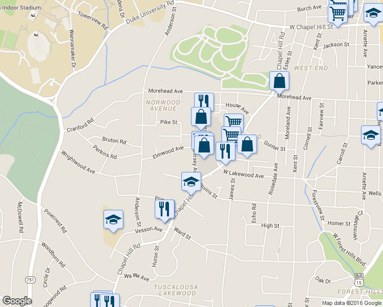 map of restaurants, bars, coffee shops, grocery stores, and more near 2006 Jersey Avenue in Durham