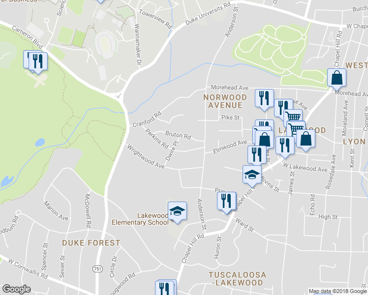 map of restaurants, bars, coffee shops, grocery stores, and more near 2418 Perkins Road in Durham