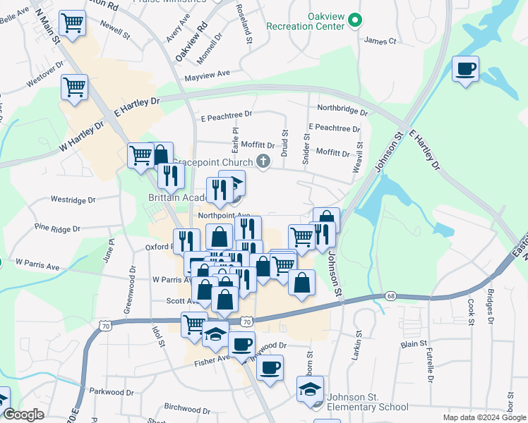 map of restaurants, bars, coffee shops, grocery stores, and more near 208 Northpoint Avenue in High Point