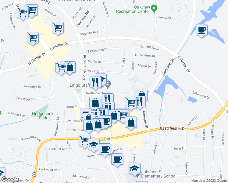 map of restaurants, bars, coffee shops, grocery stores, and more near 208 Northpoint Avenue in High Point
