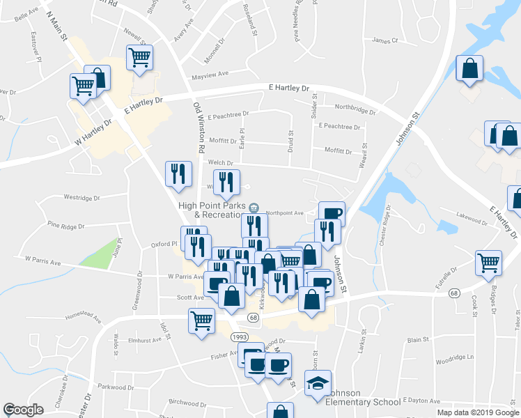 map of restaurants, bars, coffee shops, grocery stores, and more near 205 Northpoint Avenue in High Point