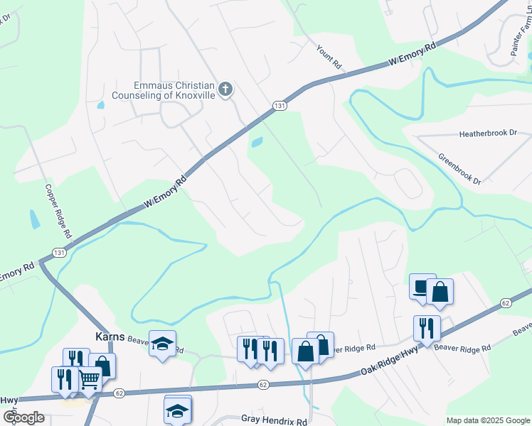 map of restaurants, bars, coffee shops, grocery stores, and more near 6955 Westerly Winds Road in Knoxville