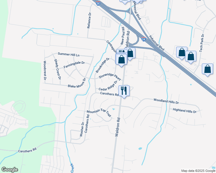 map of restaurants, bars, coffee shops, grocery stores, and more near 112 Cedar Ridge Drive in La Vergne