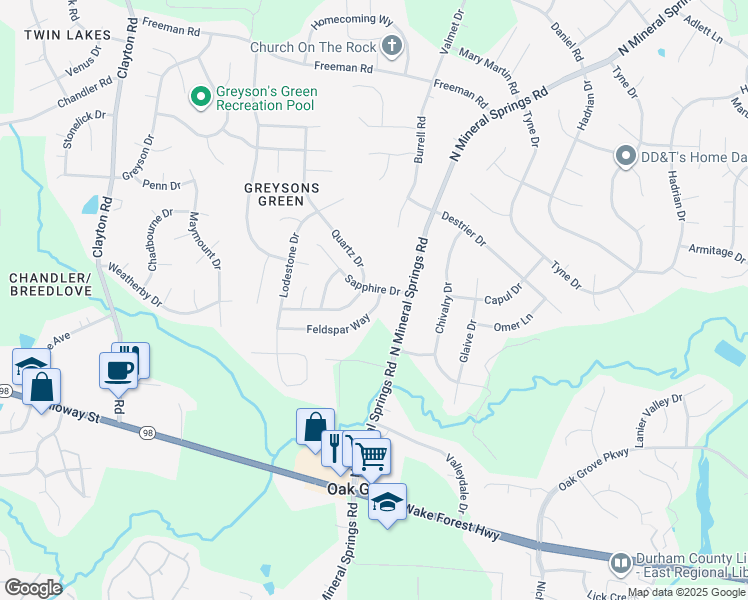 map of restaurants, bars, coffee shops, grocery stores, and more near 414 Quartz Drive in Durham