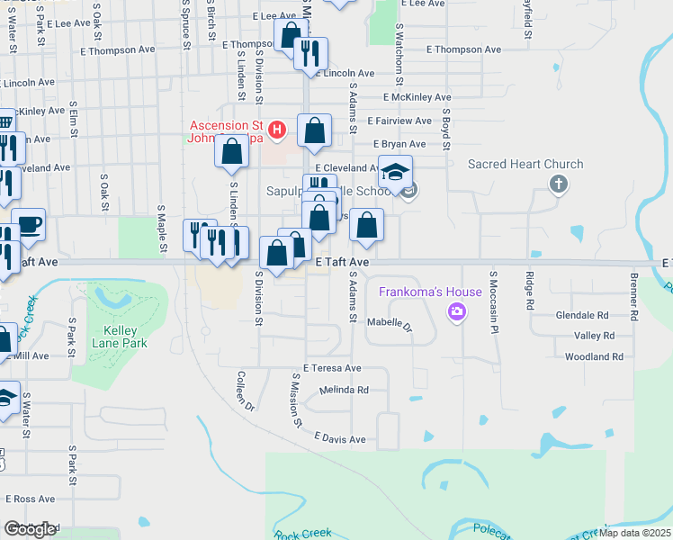 map of restaurants, bars, coffee shops, grocery stores, and more near 1200 East Taft Avenue in Sapulpa