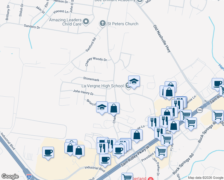 map of restaurants, bars, coffee shops, grocery stores, and more near 101 Wolverine Trail in La Vergne