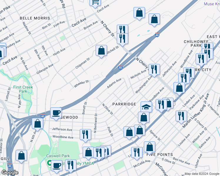 map of restaurants, bars, coffee shops, grocery stores, and more near 2400 Adams Avenue in Knoxville