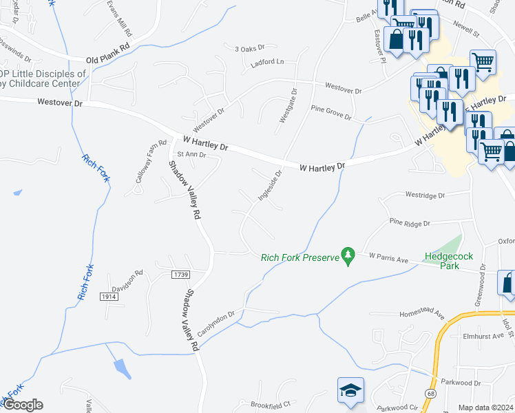 map of restaurants, bars, coffee shops, grocery stores, and more near 2524 Ingleside Drive in High Point