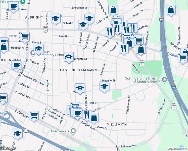 map of restaurants, bars, coffee shops, grocery stores, and more near 220 North Briggs Avenue in Durham