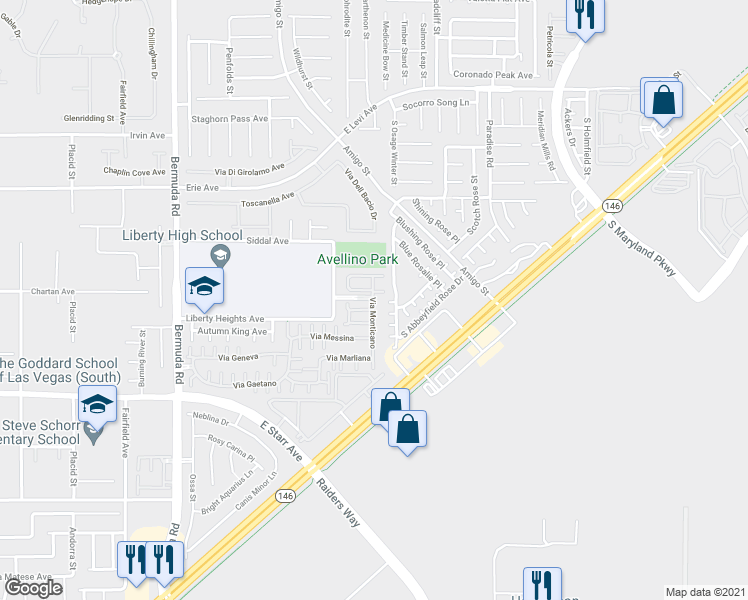 map of restaurants, bars, coffee shops, grocery stores, and more near 185 Via Monticano in Henderson