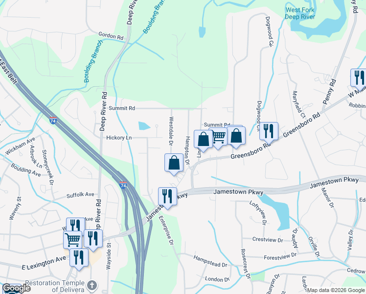 map of restaurants, bars, coffee shops, grocery stores, and more near 633 Sterling Avenue in High Point