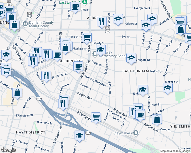 map of restaurants, bars, coffee shops, grocery stores, and more near 207 North Blacknall Street in Durham