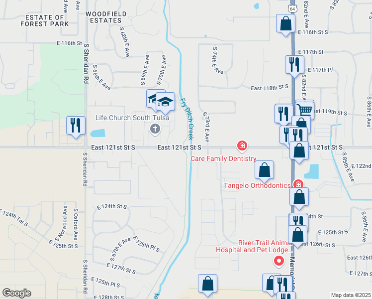map of restaurants, bars, coffee shops, grocery stores, and more near 7450 East 121st Street South in Bixby