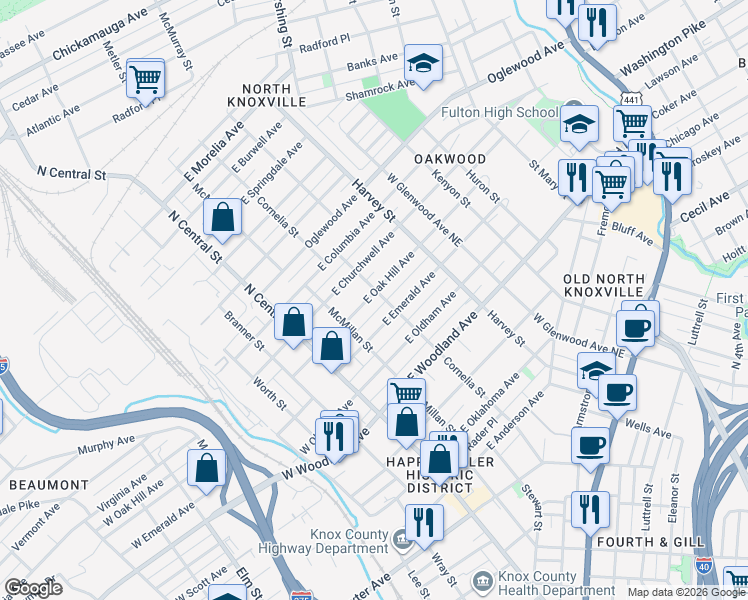 map of restaurants, bars, coffee shops, grocery stores, and more near 236 East Oak Hill Avenue in Knoxville