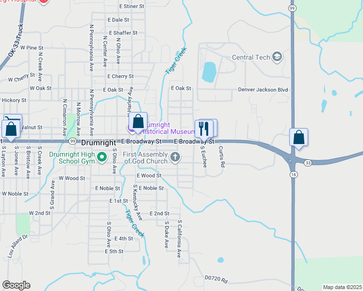 map of restaurants, bars, coffee shops, grocery stores, and more near 508 East Broadway Street in Drumright