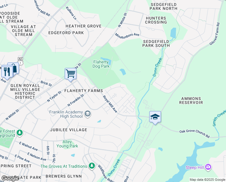 map of restaurants, bars, coffee shops, grocery stores, and more near 1013 Thornrose Way in Wake Forest