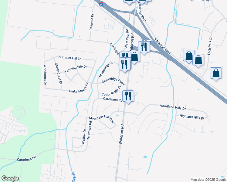map of restaurants, bars, coffee shops, grocery stores, and more near 112 Cedar Ridge Drive in La Vergne