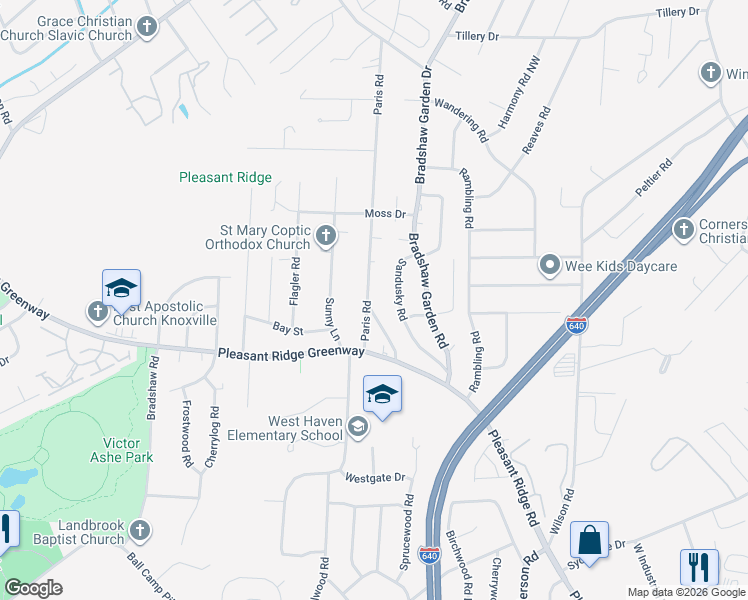 map of restaurants, bars, coffee shops, grocery stores, and more near 2110 Paris Road in Knoxville