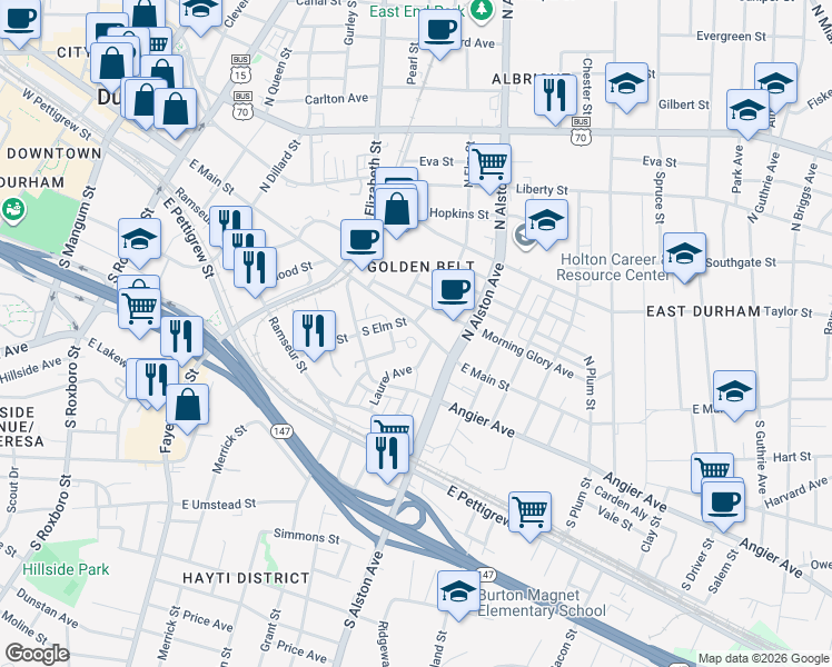 map of restaurants, bars, coffee shops, grocery stores, and more near 9 Edgemont Lane in Durham
