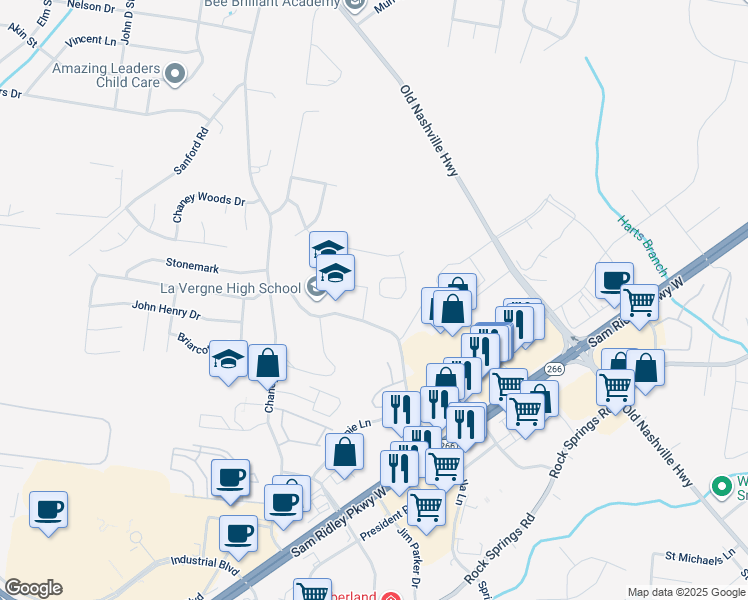 map of restaurants, bars, coffee shops, grocery stores, and more near 119 Pledge Court in La Vergne