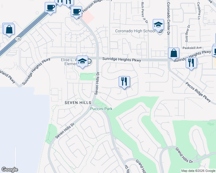 map of restaurants, bars, coffee shops, grocery stores, and more near 1121 Vía Suzan in Henderson
