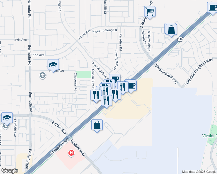 map of restaurants, bars, coffee shops, grocery stores, and more near 11096 South Abbeyfield Rose Drive in Henderson