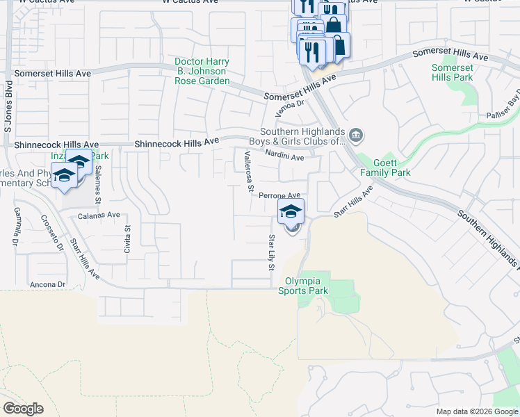 map of restaurants, bars, coffee shops, grocery stores, and more near 11092 Vallerosa Street in Las Vegas