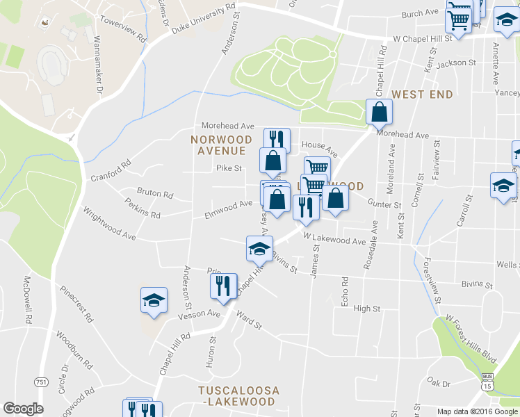 map of restaurants, bars, coffee shops, grocery stores, and more near 2006 Jersey Avenue in Durham