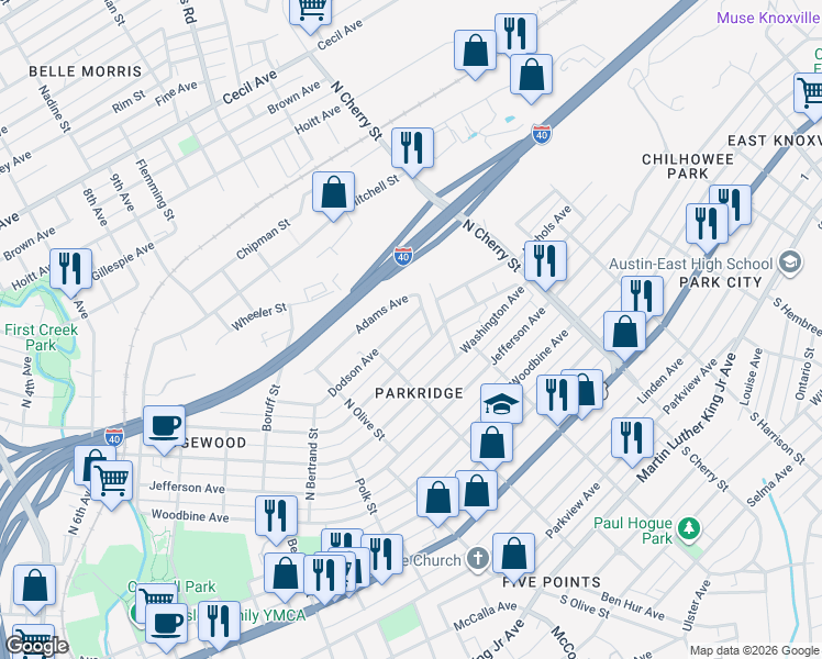 map of restaurants, bars, coffee shops, grocery stores, and more near 2424 Dodson Avenue in Knoxville