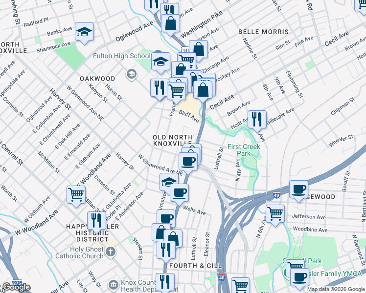 map of restaurants, bars, coffee shops, grocery stores, and more near 1006 Kenyon Street in Knoxville