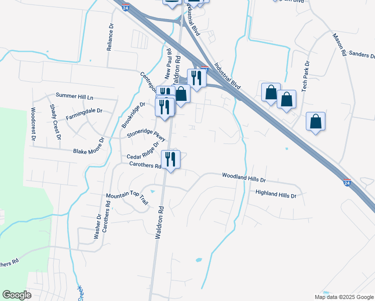 map of restaurants, bars, coffee shops, grocery stores, and more near 108 Kingsridge Drive in La Vergne