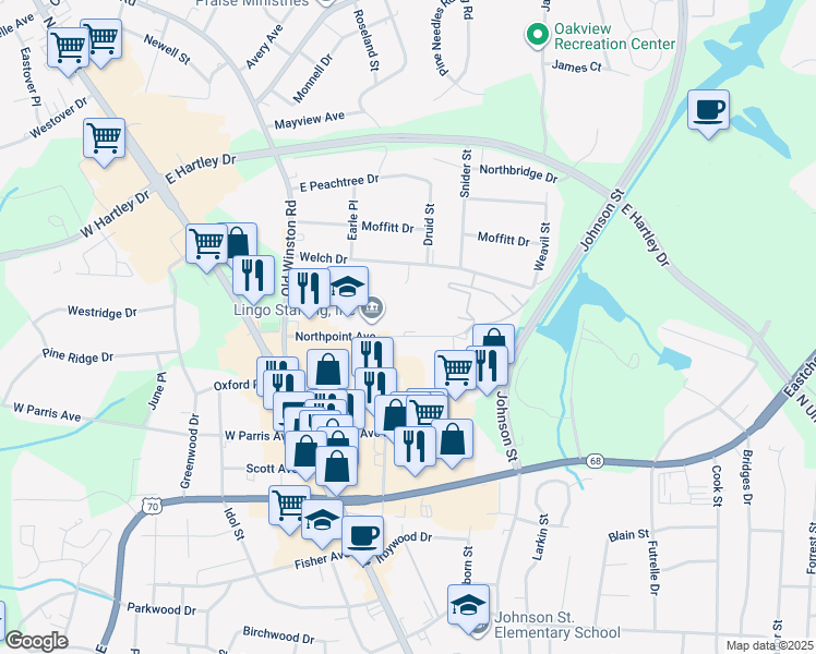 map of restaurants, bars, coffee shops, grocery stores, and more near 207 Northpoint Avenue in High Point