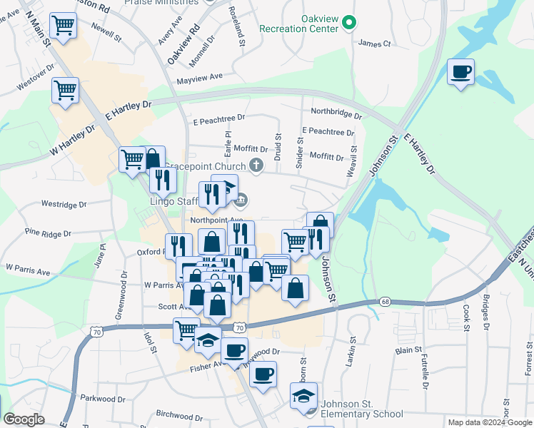 map of restaurants, bars, coffee shops, grocery stores, and more near 207 Northpoint Avenue in High Point