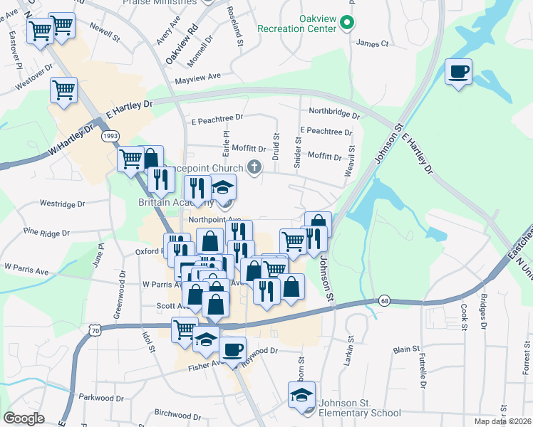 map of restaurants, bars, coffee shops, grocery stores, and more near 207 Northpoint Avenue in High Point
