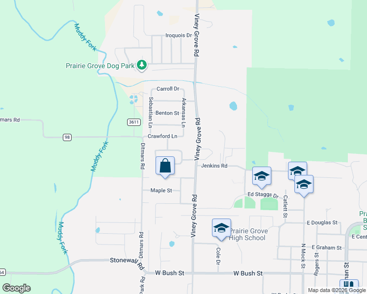 map of restaurants, bars, coffee shops, grocery stores, and more near 121 Hearthstone Circle in Prairie Grove