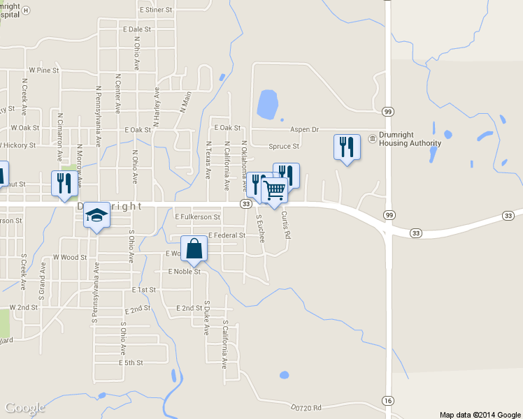 map of restaurants, bars, coffee shops, grocery stores, and more near 706 East Broadway Street in Drumright