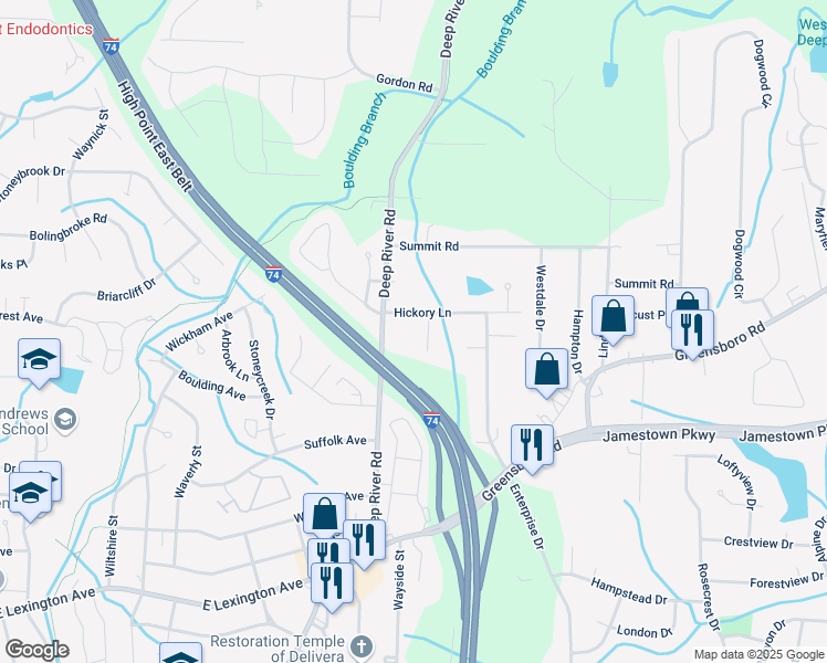 map of restaurants, bars, coffee shops, grocery stores, and more near 1436 Deep River Road in High Point