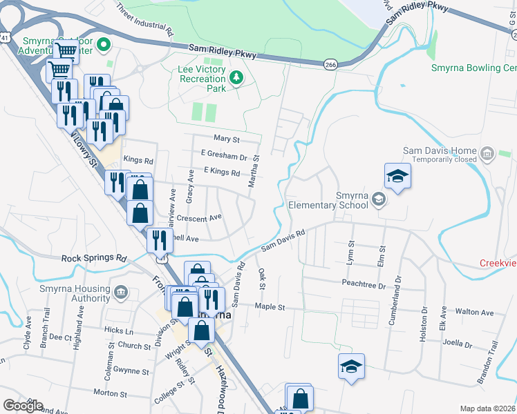 map of restaurants, bars, coffee shops, grocery stores, and more near 607 Mitchell Avenue in Smyrna