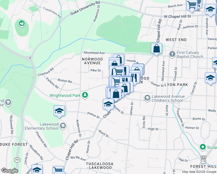 map of restaurants, bars, coffee shops, grocery stores, and more near 2006 Jersey Avenue in Durham