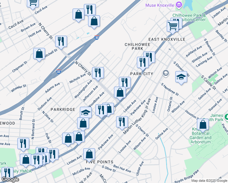 map of restaurants, bars, coffee shops, grocery stores, and more near 2607 East 5th Avenue in Knoxville