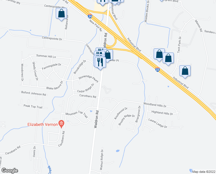 map of restaurants, bars, coffee shops, grocery stores, and more near 108 Kingsridge Drive in La Vergne