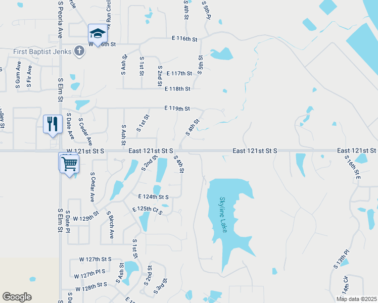 map of restaurants, bars, coffee shops, grocery stores, and more near 528 East 121st Street South in Jenks