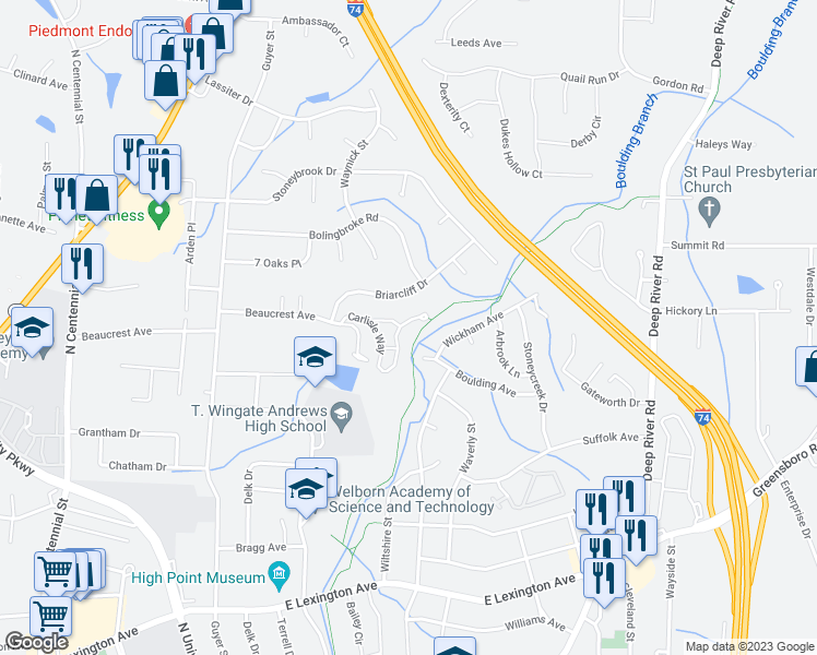 map of restaurants, bars, coffee shops, grocery stores, and more near 2208 Carlisle Way in High Point
