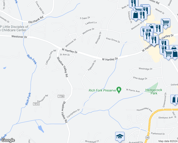 map of restaurants, bars, coffee shops, grocery stores, and more near 2528 Ingleside Drive in High Point