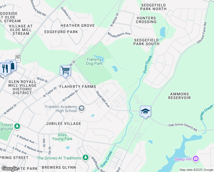 map of restaurants, bars, coffee shops, grocery stores, and more near 1013 Thornrose Way in Wake Forest