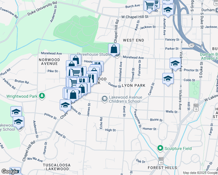 map of restaurants, bars, coffee shops, grocery stores, and more near 1206 Rosedale Avenue in Durham