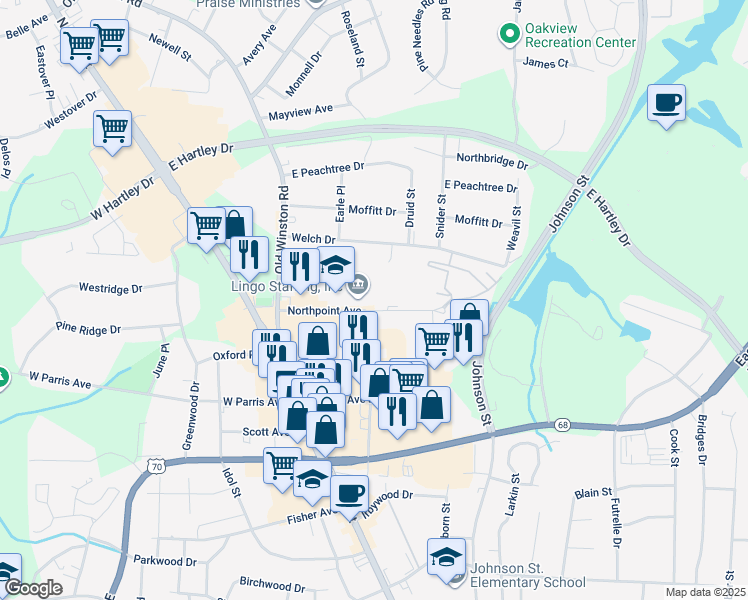 map of restaurants, bars, coffee shops, grocery stores, and more near 208 Northpoint Avenue in High Point