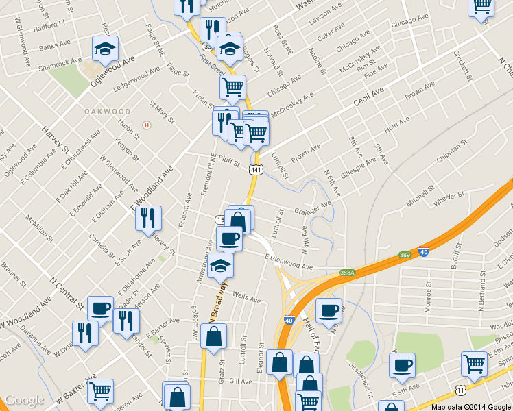 map of restaurants, bars, coffee shops, grocery stores, and more near 1616 North Broadway in Knoxville