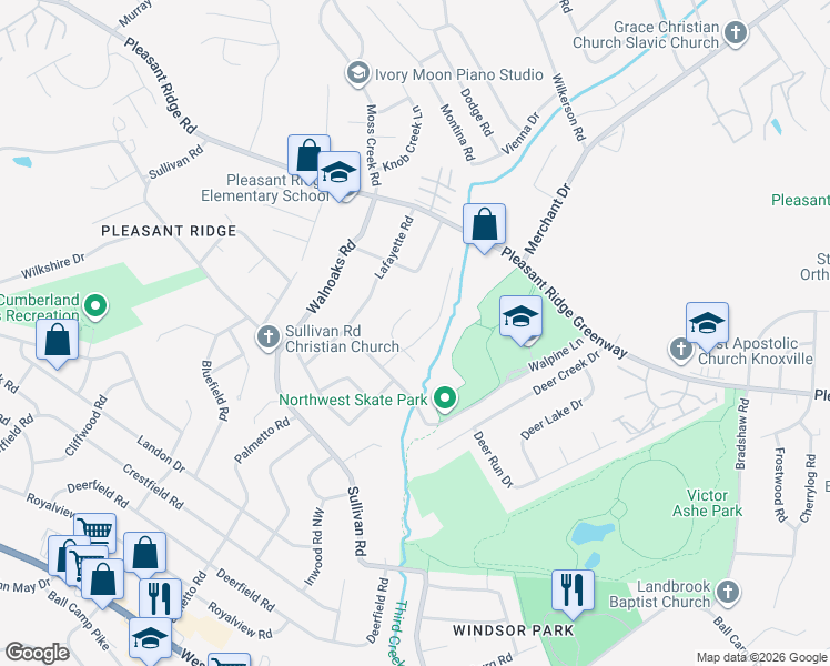 map of restaurants, bars, coffee shops, grocery stores, and more near 4054 Gumwood Lane in Knoxville